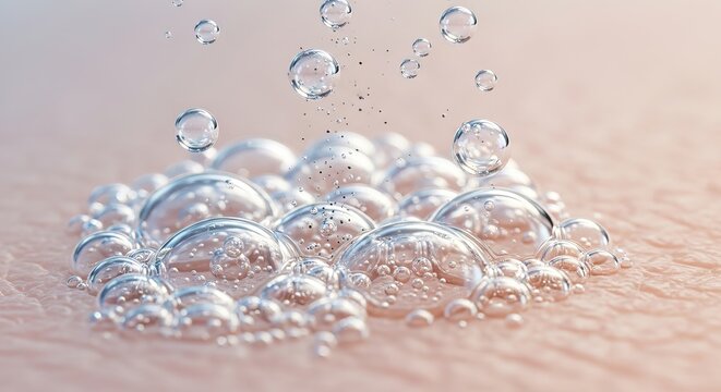 Water droplets and hydrating serum bubbles absorbing into human skin epidermis