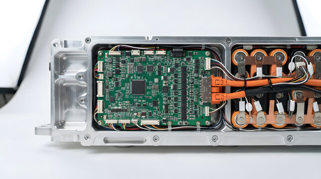 Electric vehicle battery pack with exposed battery management circuit board, high voltage connectors, copper busbars and modular battery cells