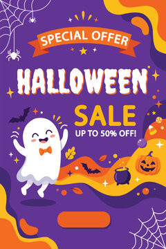 Halloween sale promotional poster with special offer banner, white ghost, pumpkin, black cauldron, spider webs and bats on purple background with orange liquid shapes Cartoon illustration