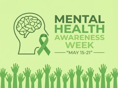 Green illustration for world mental health day featuring a human brain and raised supportive hands design