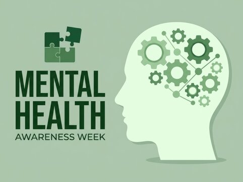 Conceptual illustration for world mental health day featuring a human head silhouette with mechanical gear icons