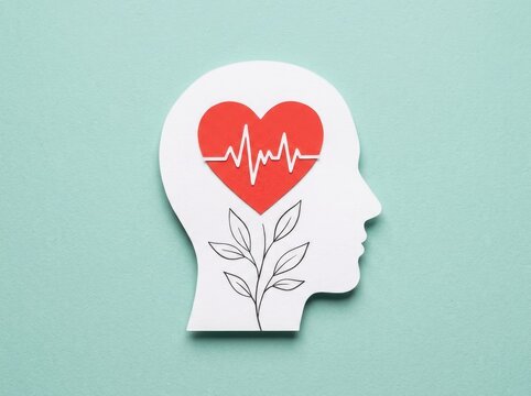 A conceptual illustration for world mental health day featuring a human head silhouette with heart rhythm
