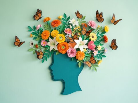 A conceptual art piece celebrating world mental health day featuring a human head silhouette with flowers