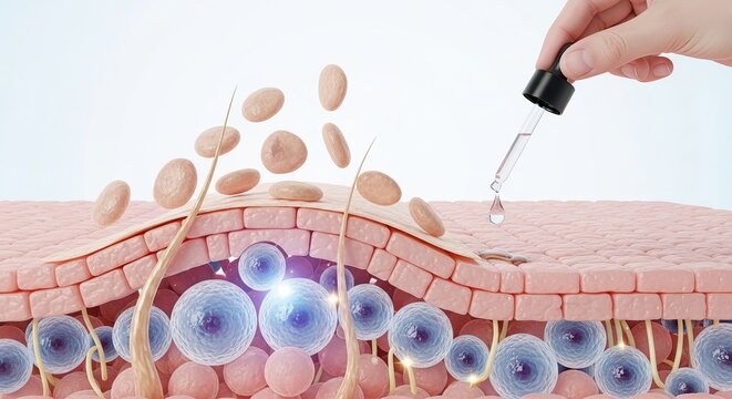 Cosmetic dropper applying serum onto layers of human skin with cellular