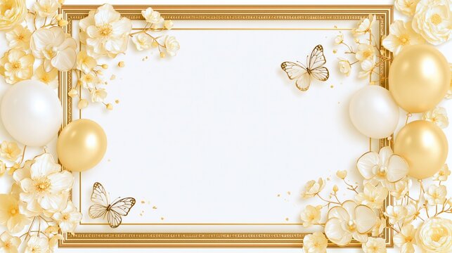 Event Background with Golden Frame Flowers Balloons and Butterflies for Celebration or Wedding Invitation Design