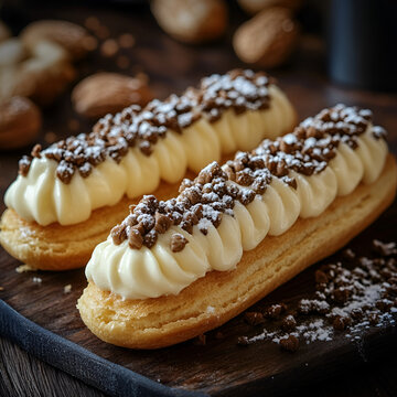 Indulgent creamy eclair topped with chocolate crumbles and almonds served on a rustic wooden board