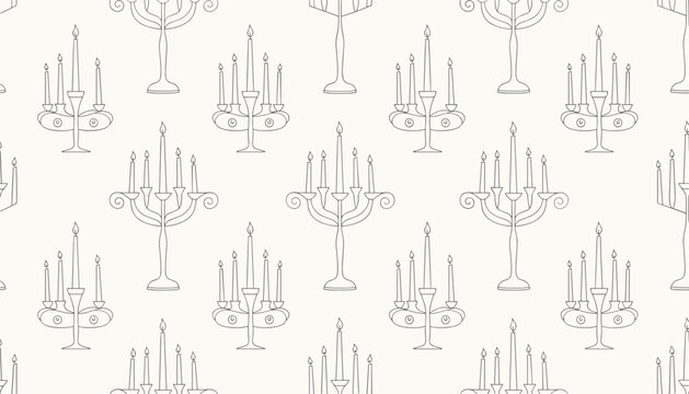 Elegant seamless pattern with white hand drawn candelabras and burning candles on a light beige background.