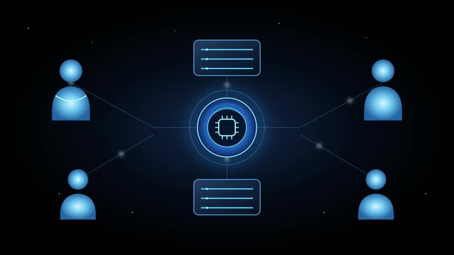 Centralized microchip processing data between interconnected network users represented in animated blue digital motion video footage