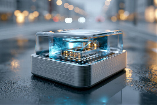 Close-up LiDAR sensor with blue lasers, clear dome, brushed aluminum housing. Cinematic lighting, blurred city backdrop. 3D render with right copy space for autonomous vehicle tech sites and ads.