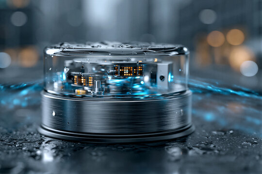 Close-up LiDAR sensor with blue lasers, clear dome, brushed aluminum housing. Cinematic lighting, blurred city backdrop. 3D render with right copy space for autonomous vehicle tech sites and ads.