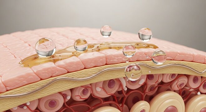 3D render illustration of human skin anatomy structure with water drops