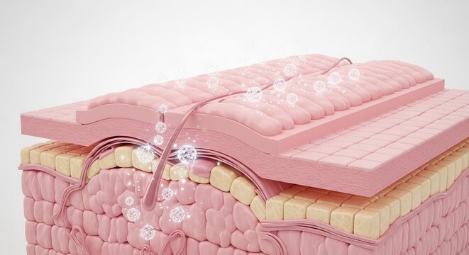 Cross section of human skin layers anatomy with moisture drops and cells