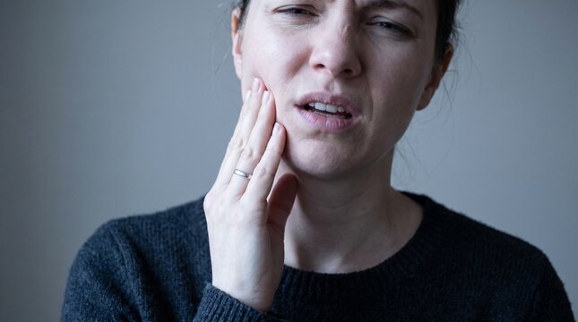 Woman suffering from severe tooth pain holding face with hand in distress for dental health concept and toothache relief advertisement in professional photography style