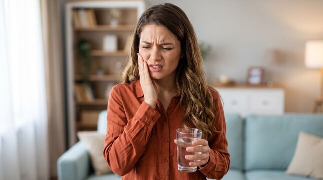 Young woman sitting in living room suffering from intense toothache holding cheek with glass of water for dental care and medicine advertisement for tooth pain relief