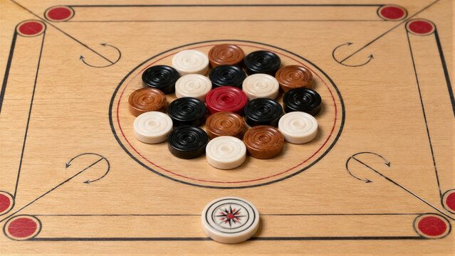 Carrom board with arranged coins and striker ready for play