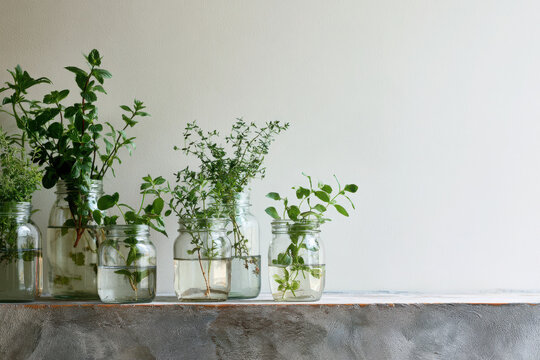 Houseplant cuttings propagating in clear glass bottles on a sunlit windowsill, showing visible roots, fresh green leaves and natural indoor gardening.