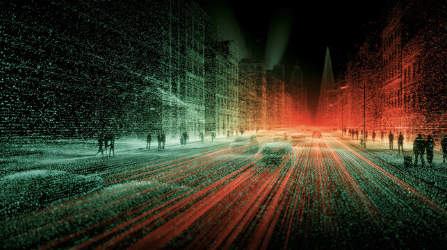 LiDAR point cloud of 3D city with luminous particles. Emerald to crimson gradient on dark void, volumetric light, holographic glow, cinematic DOF. Left negative space. Ideal for autonomous vehicle...