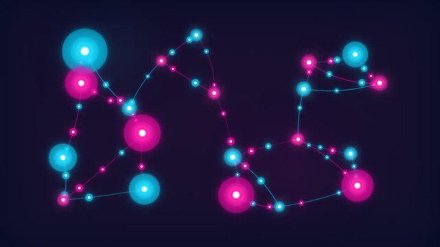 Abstract digital background with glowing neon pink and blue connected nodes and lines.