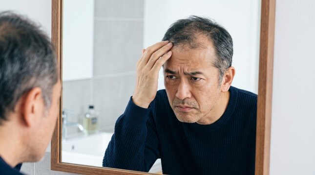 鏡の前で頭頂部の髪のボリュームや白髪を気にするミドル男性