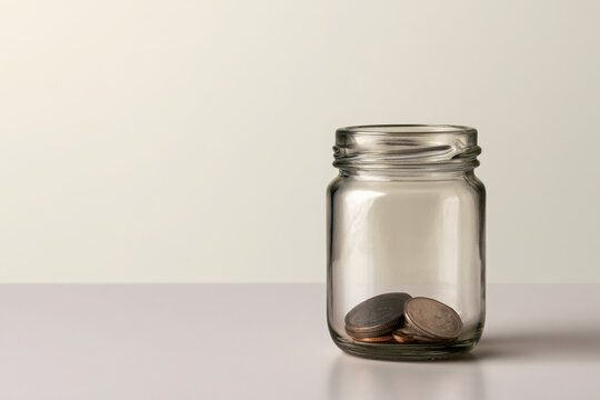 Clear glass savings jar containing a small collection of coins on a clean neutral background with generous copy space, representing saving, budgeting and finance.
