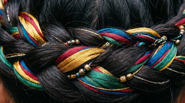 Traditional Ethnic Braided Hair with Colorful Silk Ribbons and Beads Crown Updo