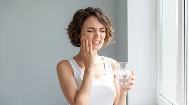 Young woman grimacing from sudden tooth sensitivity while drinking cold water in bright home setting illustrating common dental problems and oral hygiene awareness