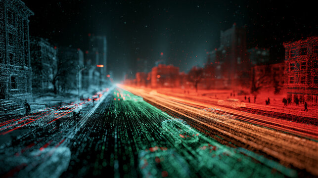 LiDAR point cloud of 3D city with luminous particles. Emerald to crimson gradient on dark void, volumetric light, holographic glow, cinematic DOF. Left negative space. Ideal for autonomous vehicle...
