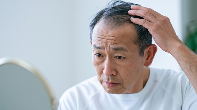 洗面所の鏡に向かい頭頂部の薄毛や髪のボリュームを気にするミドル男性