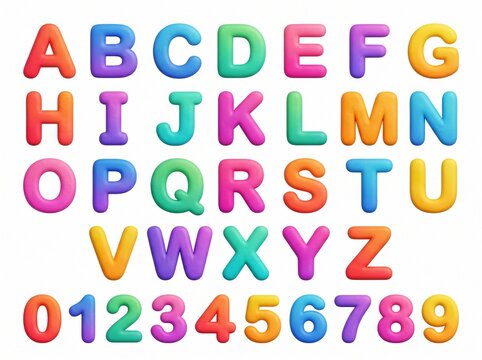 A soft 3D clay plasticine style complete English alphabet and number set featuring 26 letter pairs 