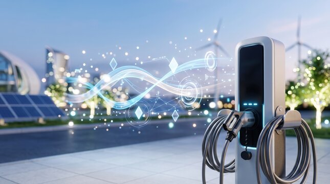 Futuristic electric vehicle charging station with glowing digital energy flow graphics and holographic interface elements, renewable energy infrastructure, wind turbines and solar