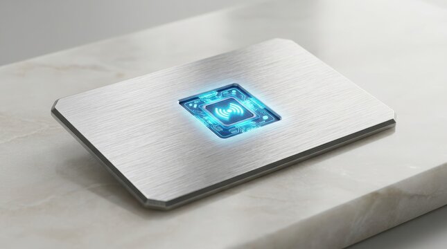 Modern metal credit card with glowing blue wireless payment chip