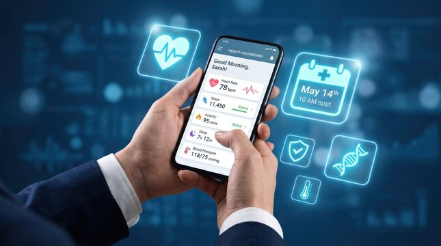 Smartphone displaying personalized health dashboard with vital signs icons, heart rate monitor, blood pressure reading, step counter tracker, sleep analysis data, fitness activity