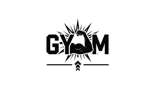 Gym logo design featuring a strong flexing muscular bicep arm in front of a sharp sunburst pattern with bold black text.