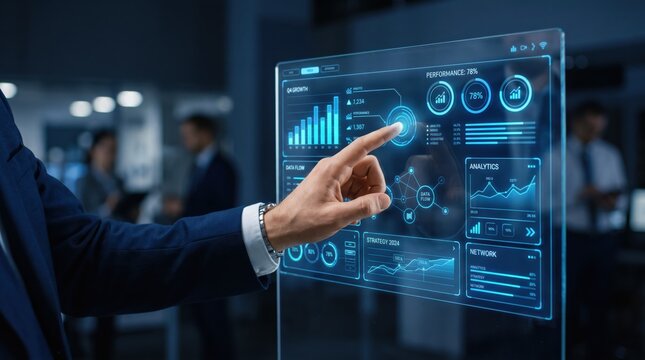 Businessman hand touching futuristic transparent digital dashboard displaying Q4 growth bar charts, performance percentage circles, data flow network nodes, and strategic