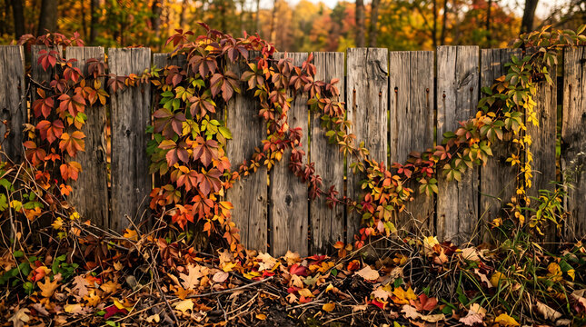 Rustic weathered wooden fence covered in vibrant red and green autumn climbing vines with fallen dry leaves on the ground during a beautiful golden hour in a peaceful backyard garden landscape