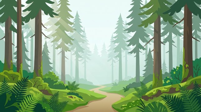 A serene vector illustration of a winding trail cutting through a lush, foggy pine forest filled with ferns, mossy ground, and tall evergreen trees.