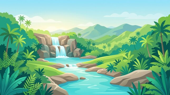 A vibrant vector illustration of a scenic tropical river flowing through a lush green valley with a gentle waterfall, palm trees, and rolling distant hills.