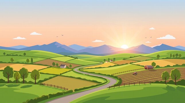 A serene vector illustration of a tranquil countryside landscape with rolling green hills, cultivated farmlands, a winding road, and a peaceful sunrise.