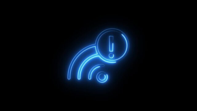 Neon blue wifi signal icon with exclamation mark indicating connection error on black wall.
