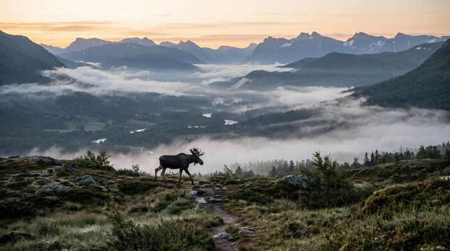 Solitary moose walking through an expansive Scandinavian valley surrounded by morning mist and forested mountains.