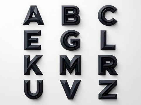 Black capital letters a b c e g k l m r u v z in bold font