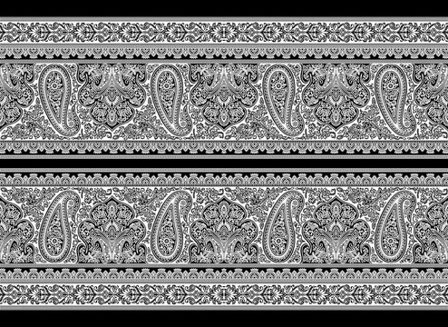 Traditional Indian Paisley High Resolution Floral Border Pattern in Black and White Monochrome Sketch Style