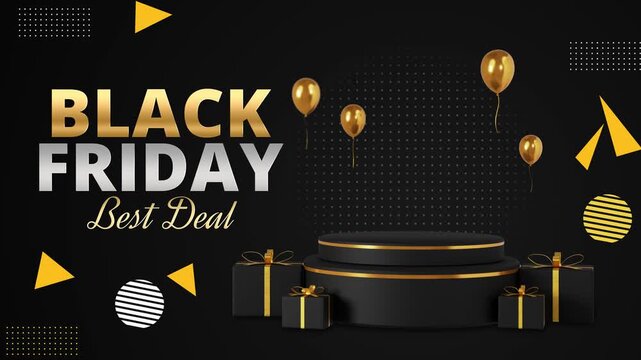Elegant Black Friday sale display stage 3D motion graphics background with golden balloons gift boxes and luxury podium 4k video footage