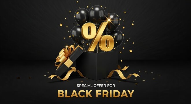 Black friday special offer sale concept with gold balloons and percentage symbol