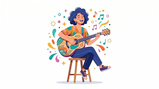 A colorful artistic illustration of a happy young musician playing an acoustic guitar while sitting on a stool