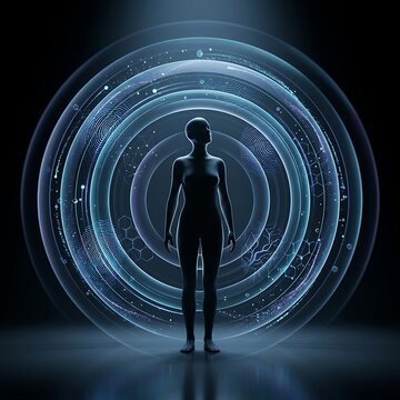 Silhouette of a person standing inside a glowing blue digital portal or futuristic energy ring