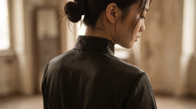 Rear Side View of Elegant Asian Woman with Hair Bun in Black Mandarin Collar Dress