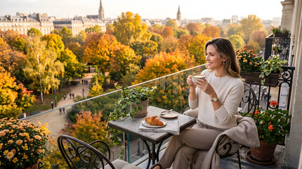 Obraz premium Elegant happy woman enjoying morning coffee and croissant on a luxury hotel balcony overlooking a beautiful autumn park in Paris France with golden foliage and historic city skyline view scene