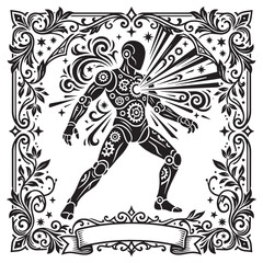 Fototapeta premium Mystical Esoteric Tarot Card Illustration of a Steampunk Clockwork Automaton Robot with Ornate Border and Occult Symbols