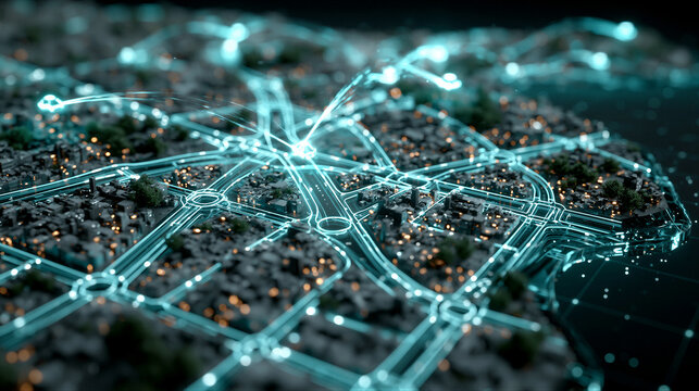 Floating holographic 3D city map with glowing cyan road networks and vehicle light trails, set against a dark digital void with neon lighting, ideal for autonomous driving technology web design.